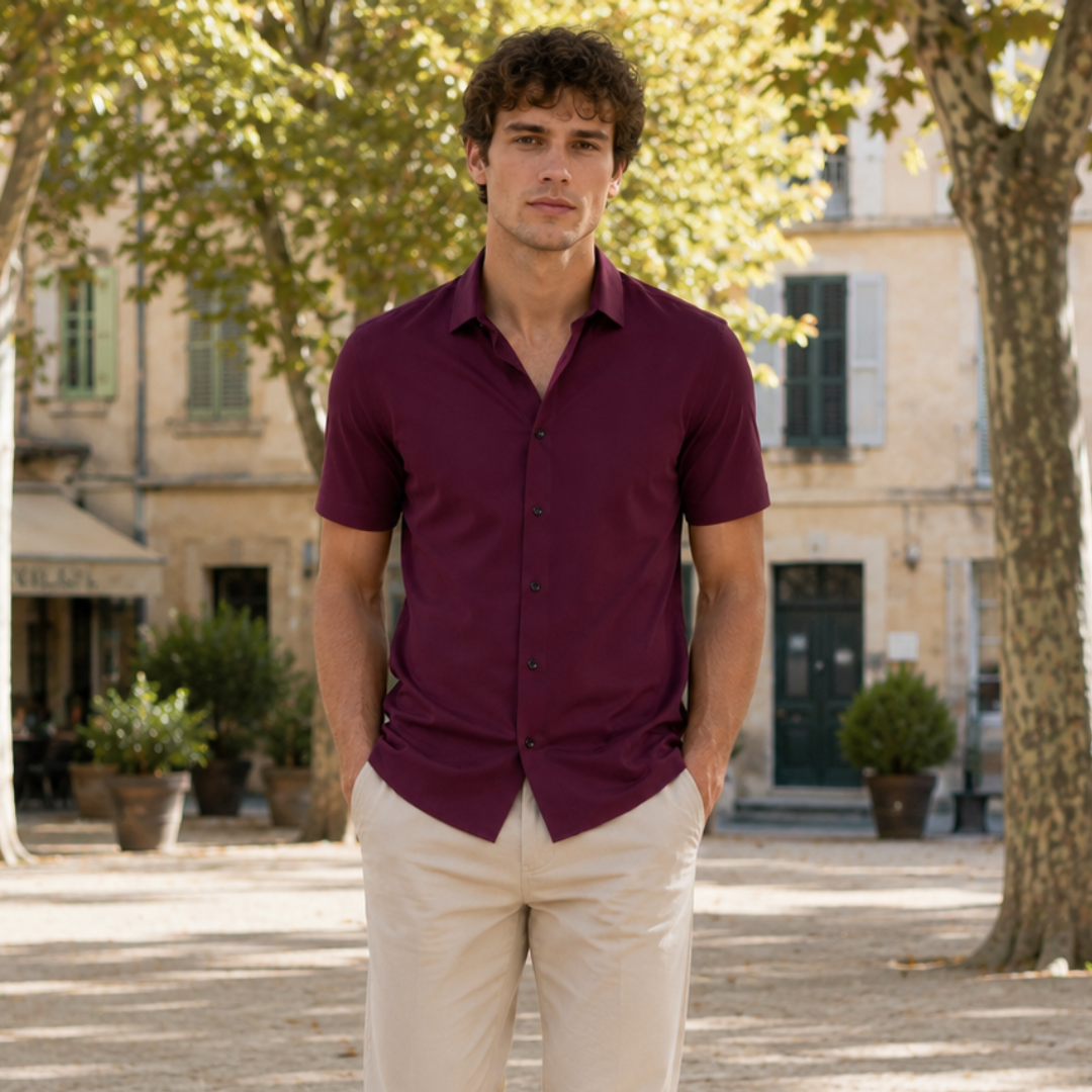 Camicia uomo rosso e magenta vista frontale con colletto aperto e bottoni scuri