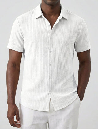 Camicia uomo bianca maniche corte con righe in rilievo e orlo curvo