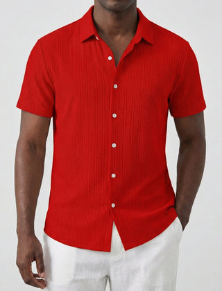 Camicia uomo rossa a maniche corte con colletto aperto e bottoni a contrasto chiaro