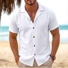 Camicia uomo bianca a maniche corte con bottoni a contrasto e colletto a revers