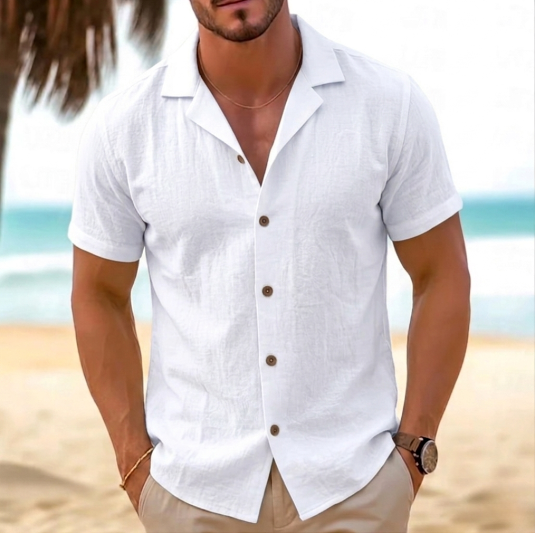 Camicia uomo bianca a maniche corte con bottoni a contrasto e colletto a revers