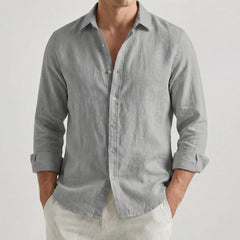 Camicia uomo grigia a maniche lunghe arrotolate con colletto classico e bottoni chiari