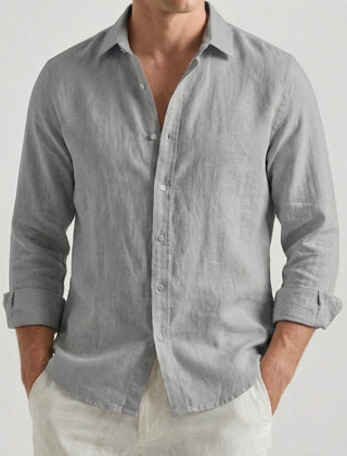 Camicia uomo grigia a maniche lunghe arrotolate con colletto classico e bottoni chiari