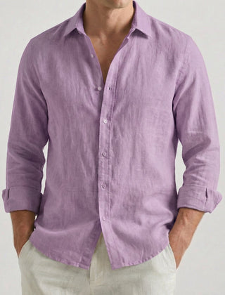 Camicia uomo lilla dalla linea morbida, colletto classico e maniche arrotolate