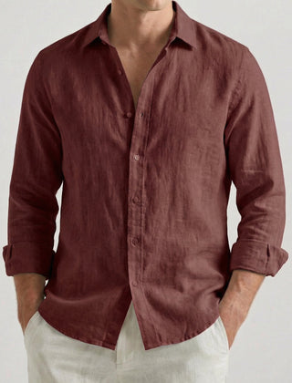 Camicia uomo marrone mattone con colletto classico e maniche lunghe risvoltate