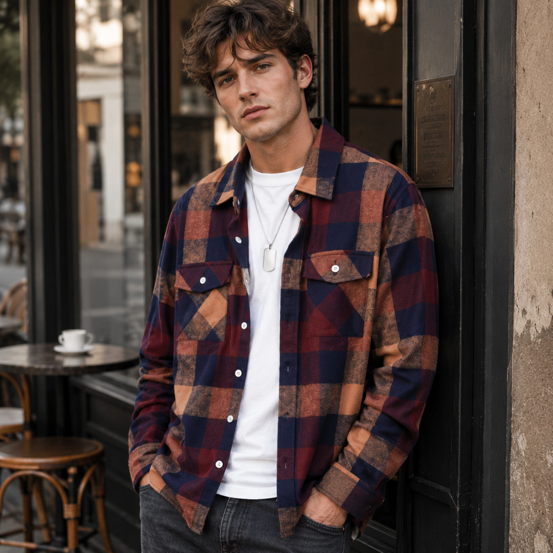 Camicia uomo a quadri bordeaux e blu navy con due taschini con bottone