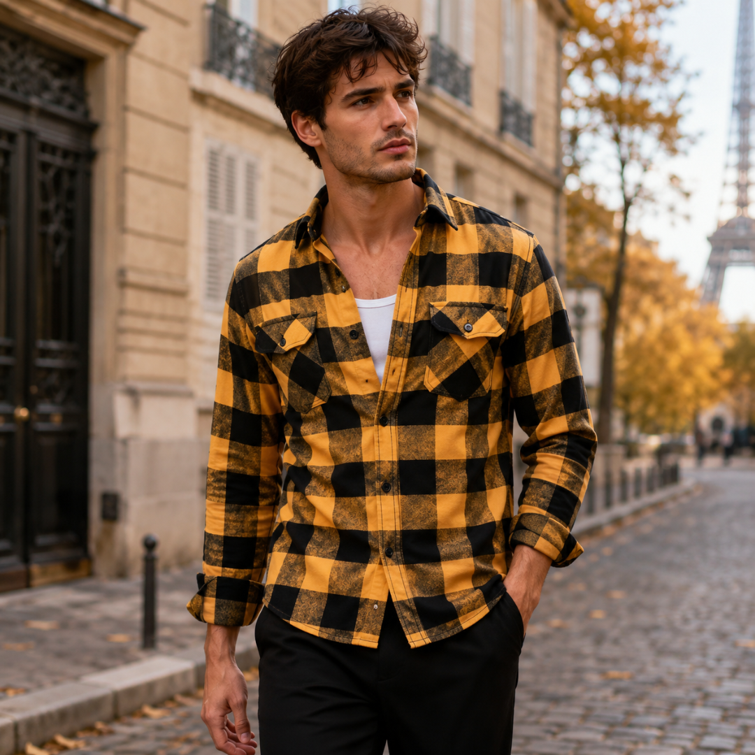 Camicia uomo a quadri giallo e nero con due taschini con patta e bottoni