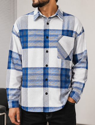 Camicia uomo blu scuro e bianca a quadri con chiusura frontale a bottoni