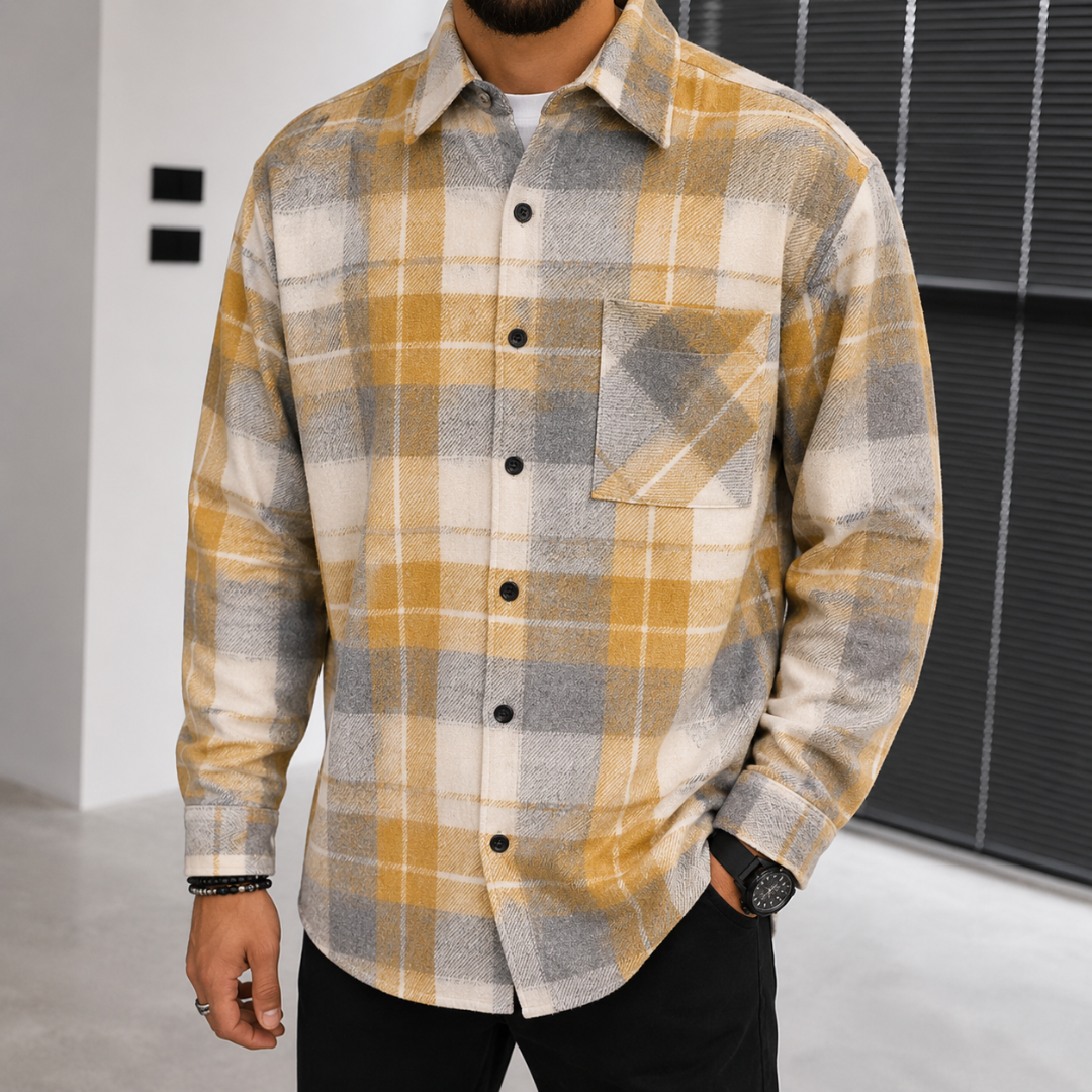 Camicia uomo gialla e grigia a quadri con collo classico e taschino