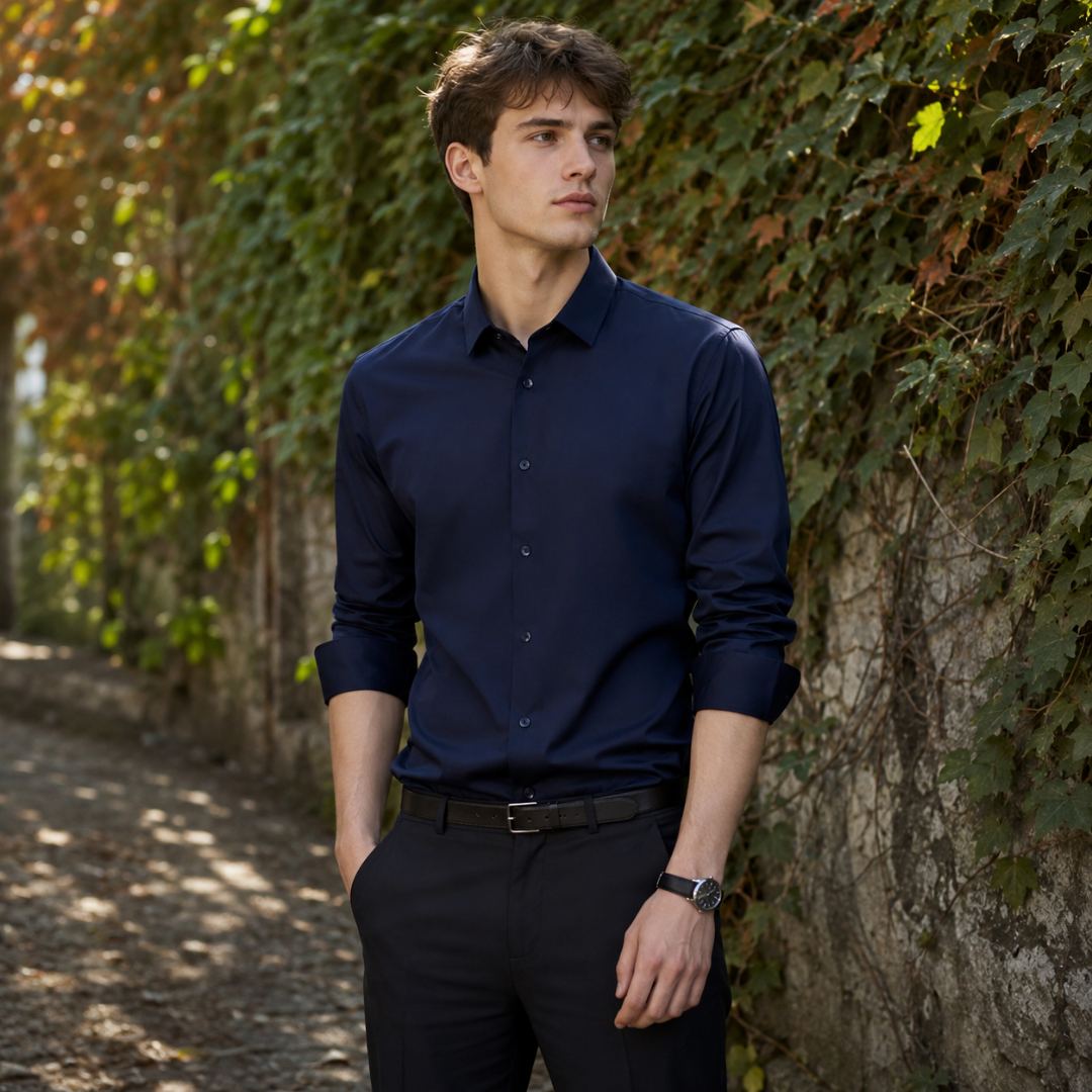 Camicia uomo blu navy con collo classico, abbinata a cintura e pantaloni neri