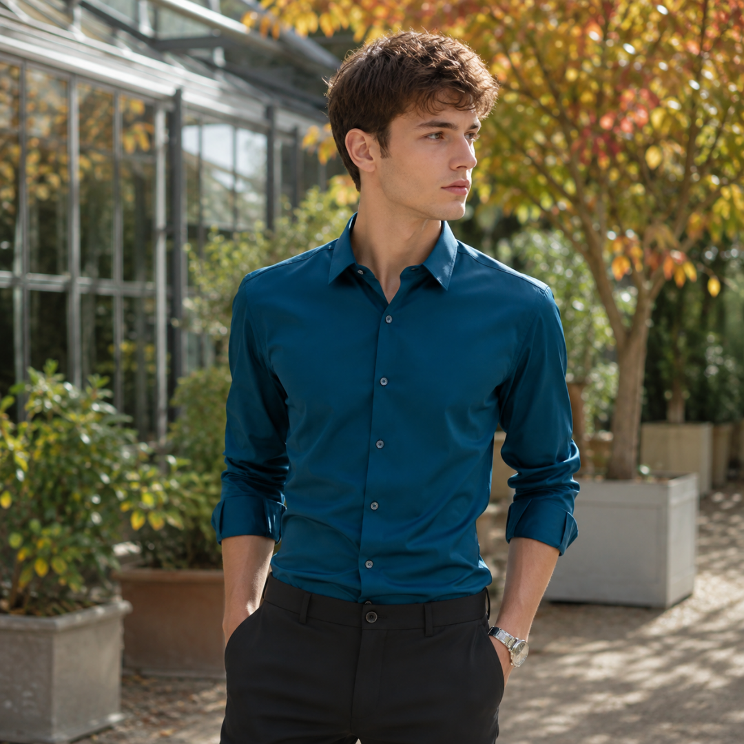 Camicia uomo blu oceano con collo classico e maniche arrotolate, vista frontale