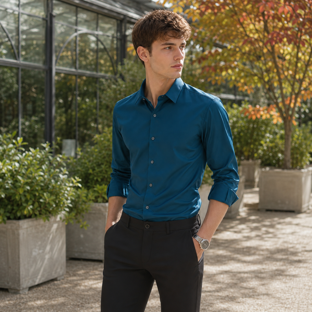 Uomo in camicia blu oceano tinta unita abbinata a pantaloni neri in giardino