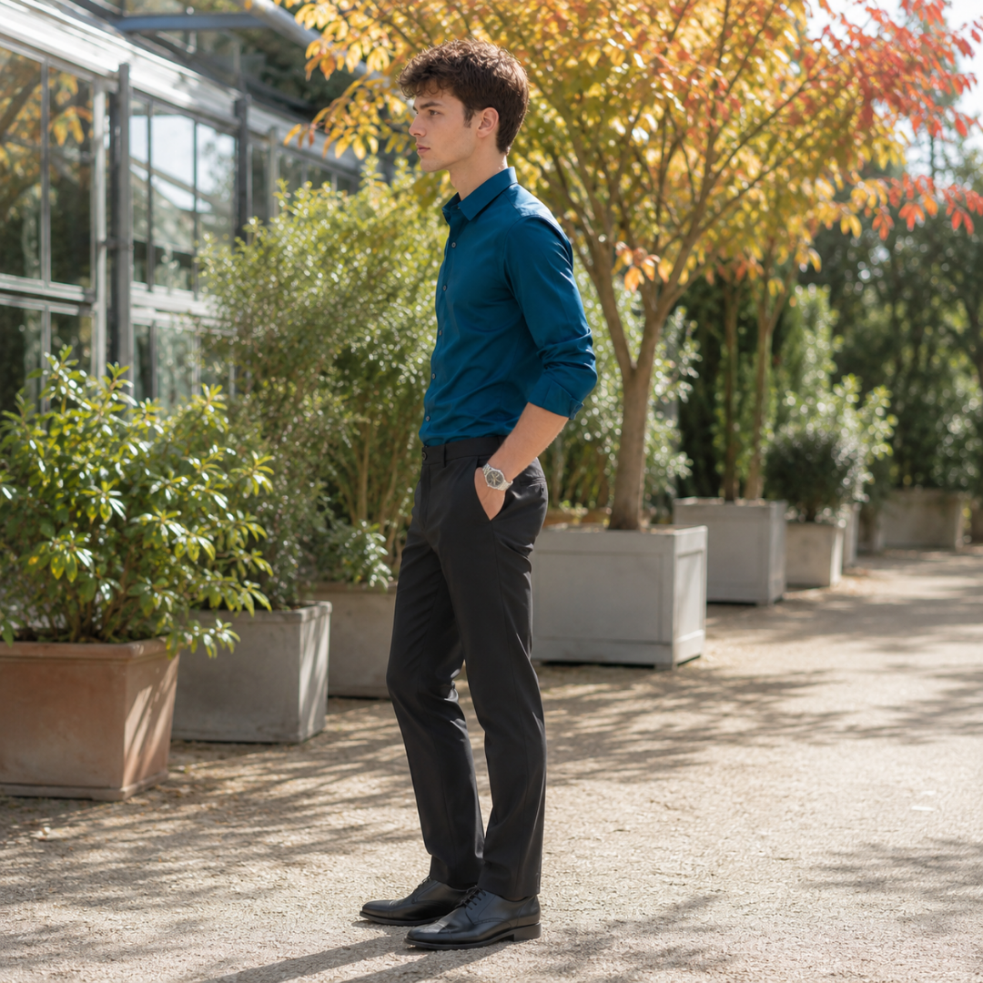 Camicia blu oceano da uomo vista di lato con pantaloni neri e scarpe stringate