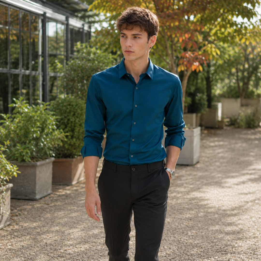 Camicia uomo blu oceano con abbottonatura frontale, indossata camminando su un vialetto