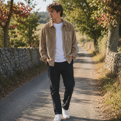 Camicia uomo beige in velluto a coste larghe con taschino applicato sul petto