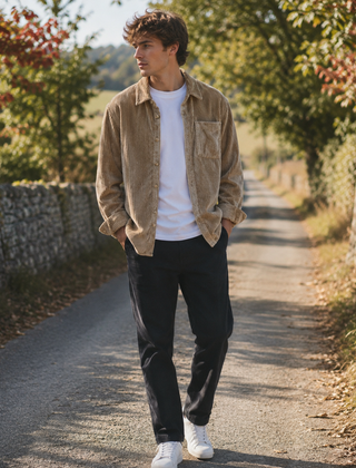 Camicia uomo beige in velluto a coste larghe con taschino applicato sul petto