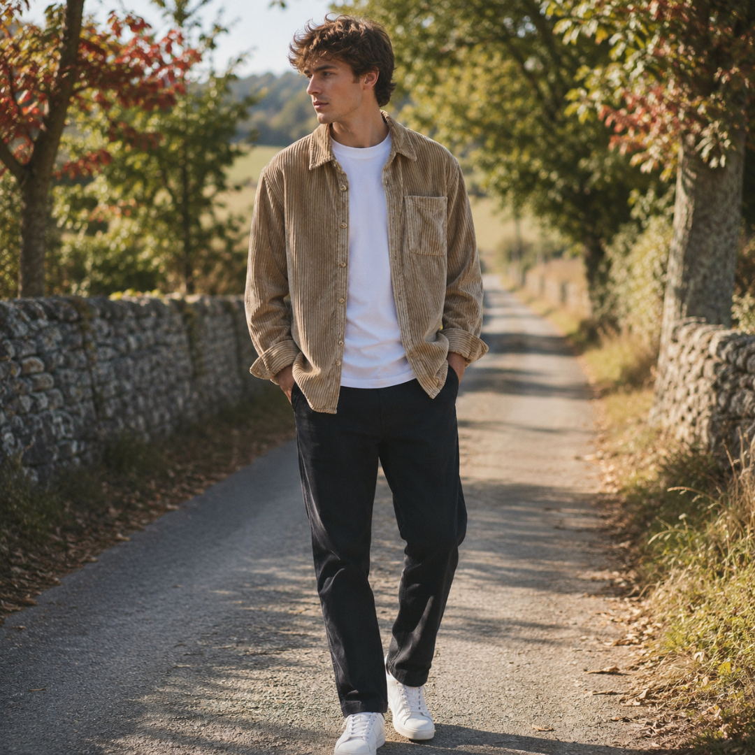 Camicia uomo beige in velluto a coste larghe con taschino applicato sul petto