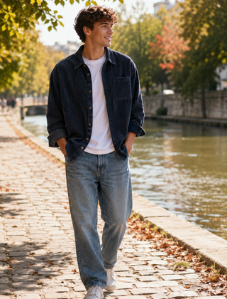 Camicia uomo blu navy a coste portata aperta con maniche lunghe arrotolate