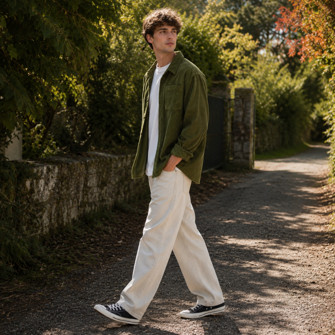 Camicia uomo verde in velluto a coste indossata aperta su t-shirt bianca