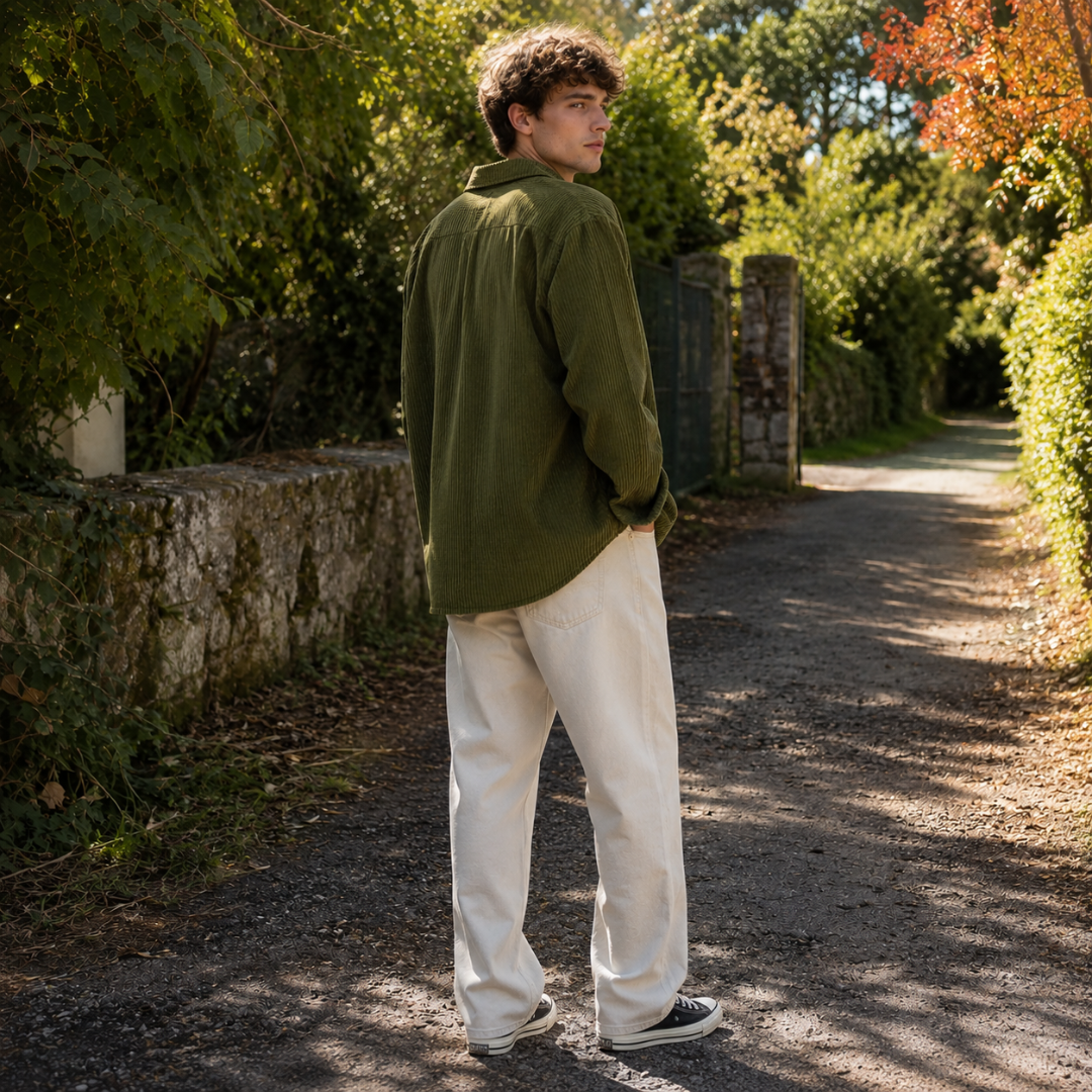 Retro della camicia uomo verde a coste con maniche lunghe e linea morbida