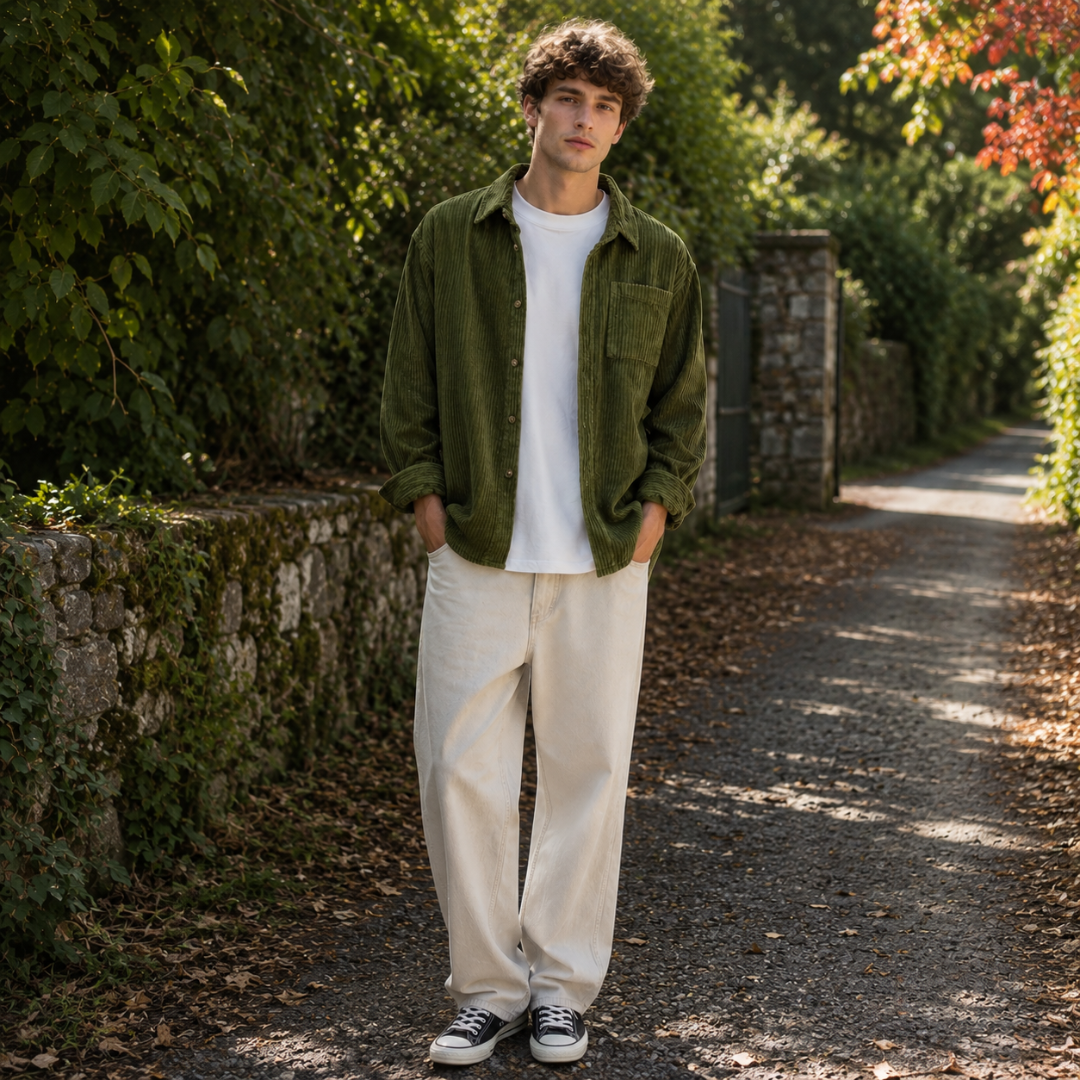 Camicia verde a coste con taschino sul petto abbinata a pantaloni chiari