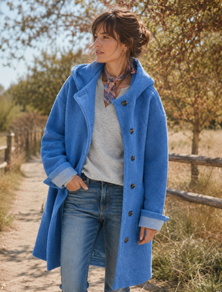 Cappotto blu con cappuccio e bottoni, maniche lunghe portate con il bordo risvoltato