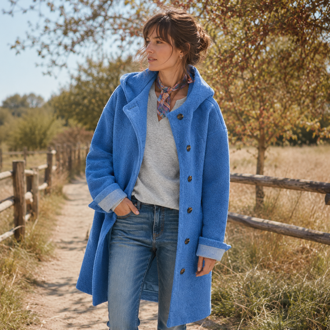 Cappotto blu con cappuccio e bottoni, maniche lunghe portate con il bordo risvoltato