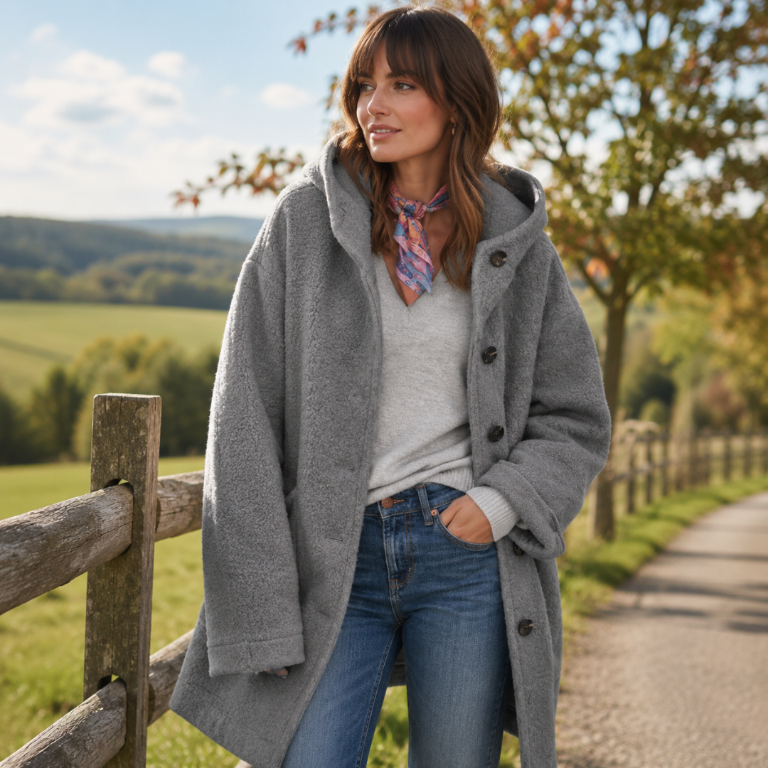 Cappotto donna grigio con cappuccio, bottoni frontali e tasche laterali sulle cuciture