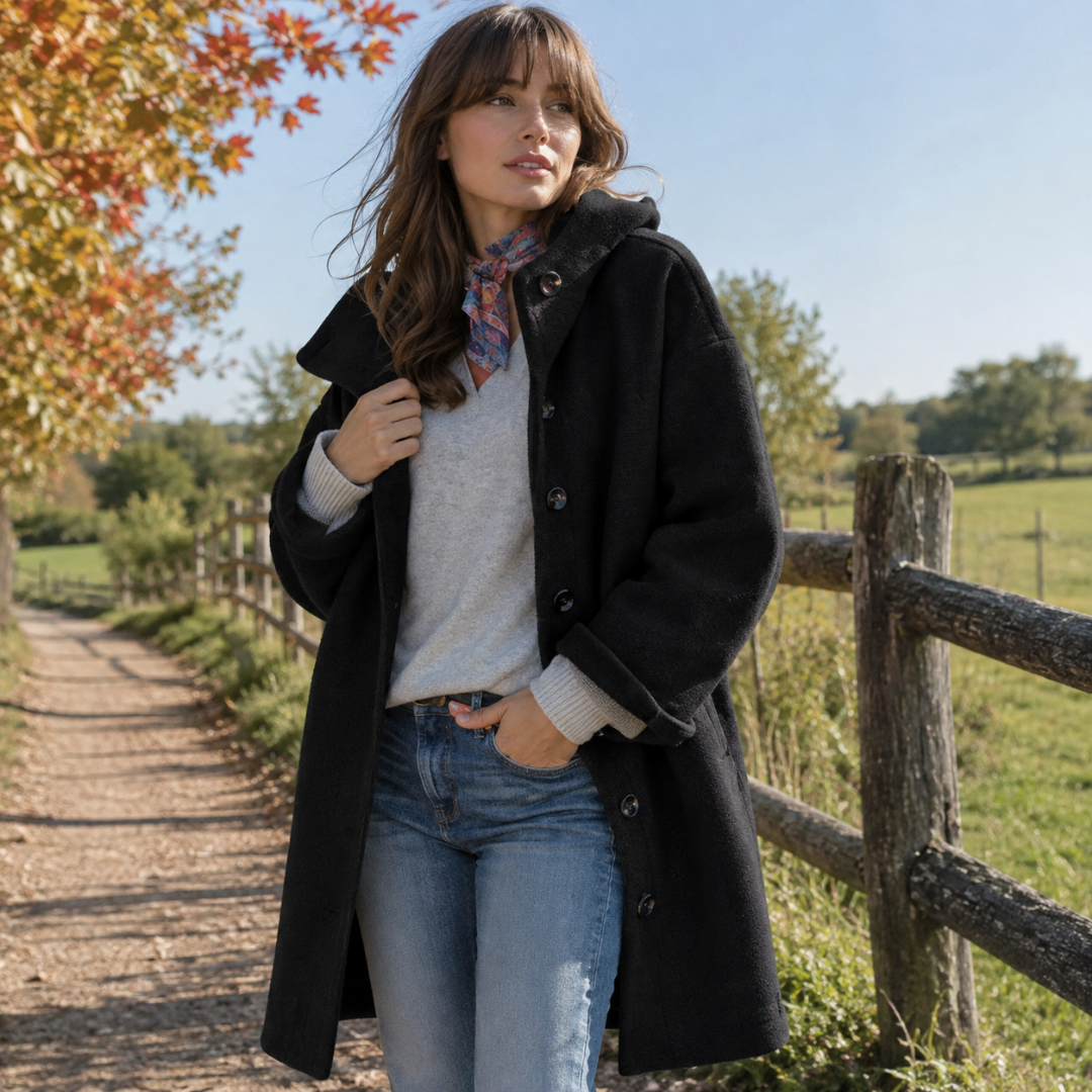 Cappotto nero da donna con cappuccio, bottoni frontali e tasche laterali, lunghezza al ginocchio