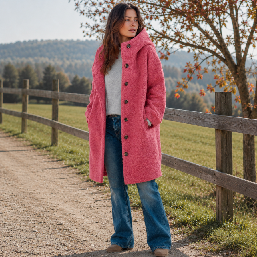 Cappotto rosa da donna chiuso con bottoni, lunghezza al ginocchio e tasche laterali