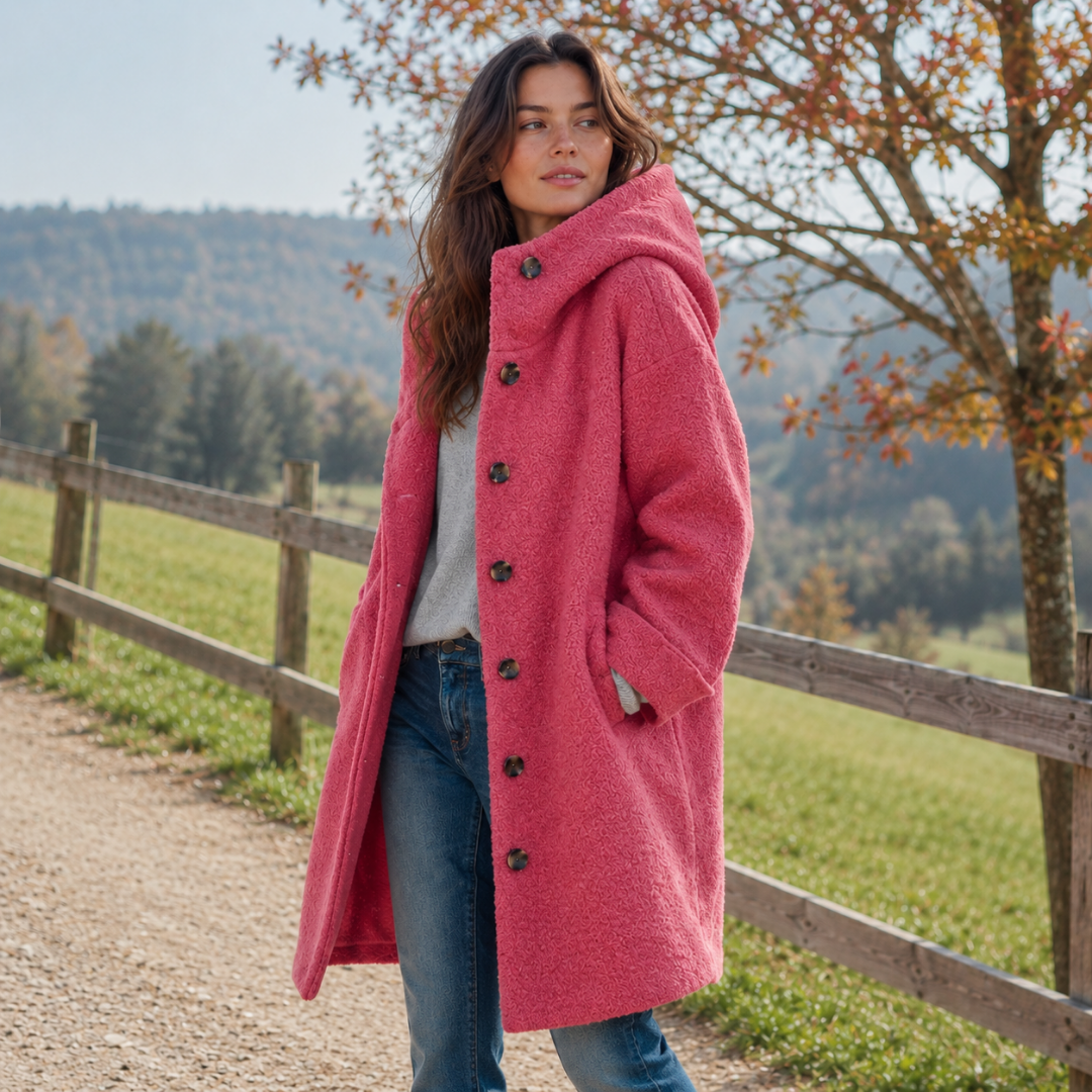 Cappotto rosa con cappuccio e fila di bottoni scuri, maniche lunghe ampie