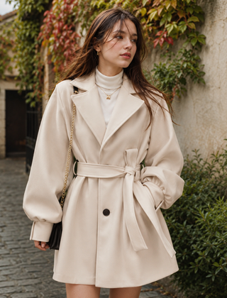 Cappotto donna beige con ampio collo revers e cintura annodata in vita