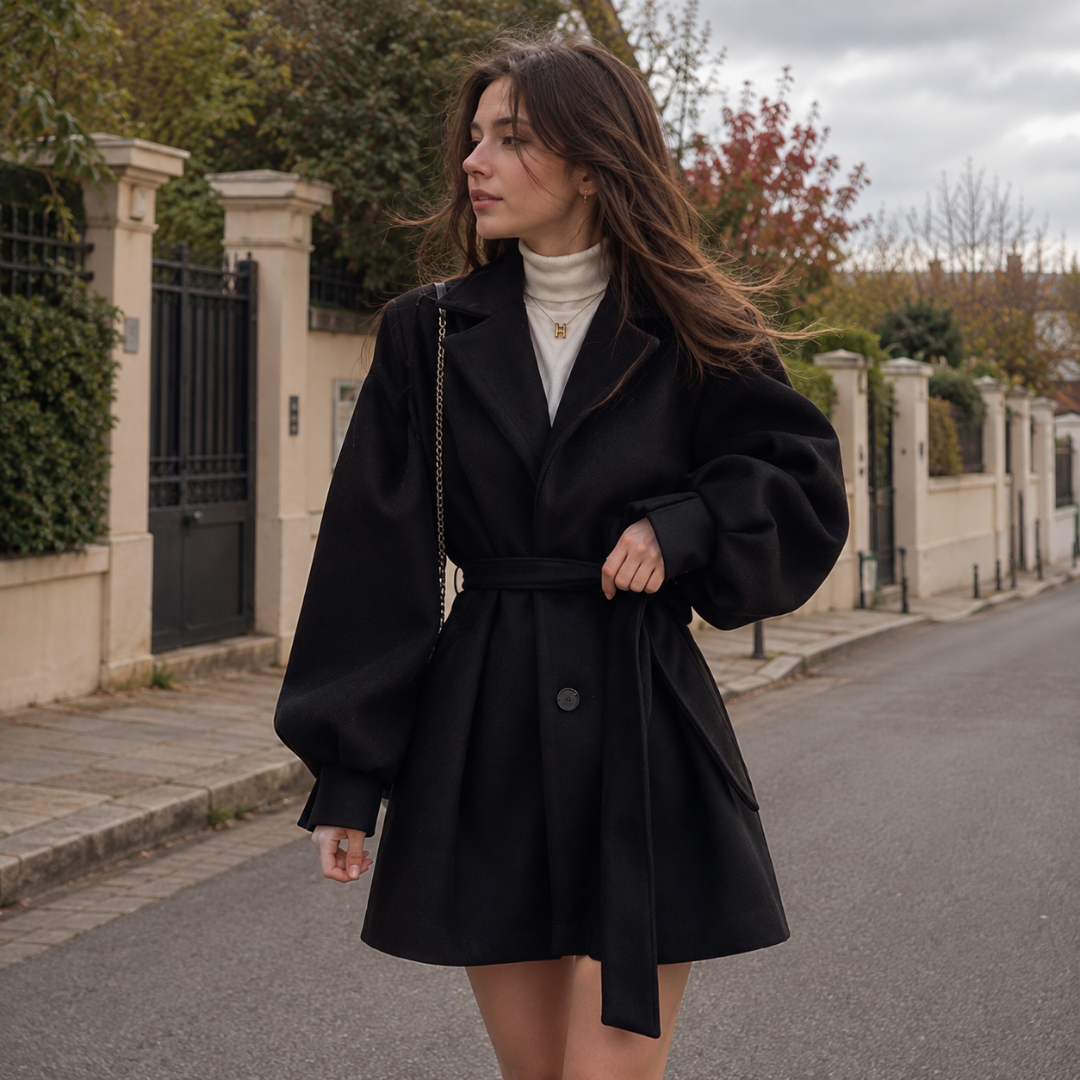 Cappotto donna nero corto con cintura, bottone e tasche con patta