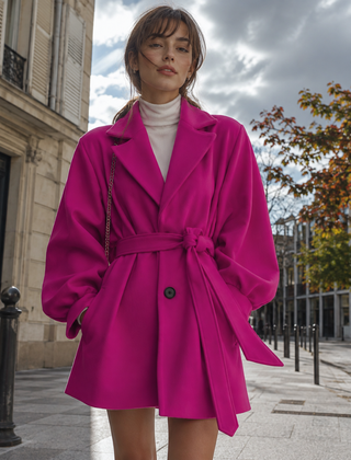 Cappotto donna rosa acceso con cintura in vita e collo revers ampio