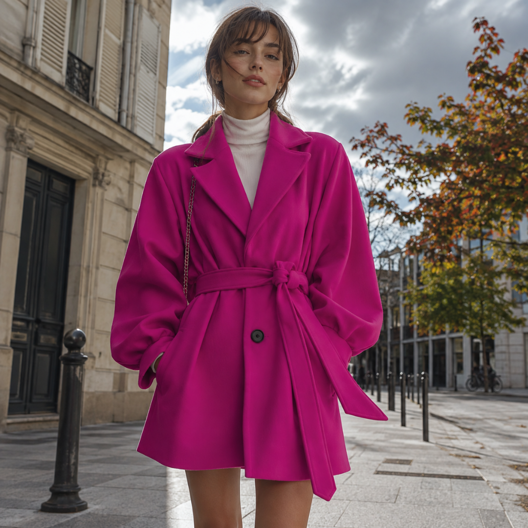 Cappotto donna rosa acceso con cintura in vita e collo revers ampio