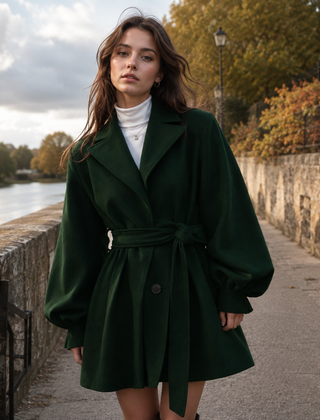 Cappotto verde scuro con maniche a palloncino, cintura e orlo svasato