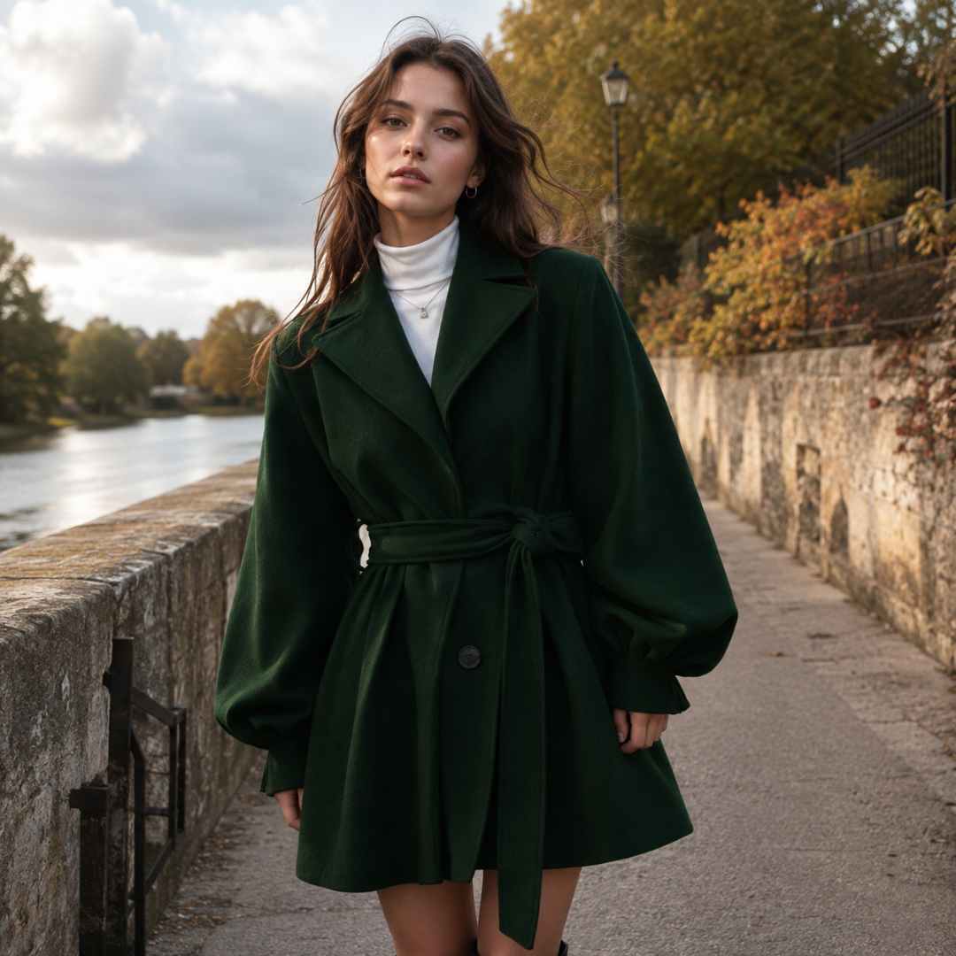 Cappotto verde scuro con maniche a palloncino, cintura e orlo svasato