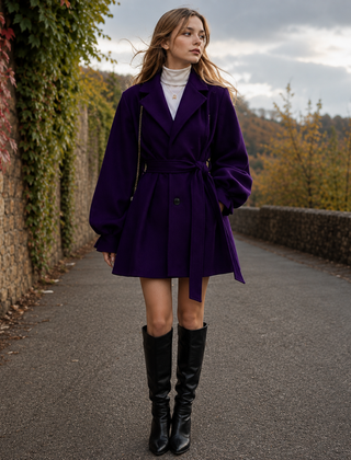 Cappotto donna corto viola con cintura annodata in vita e collo revers