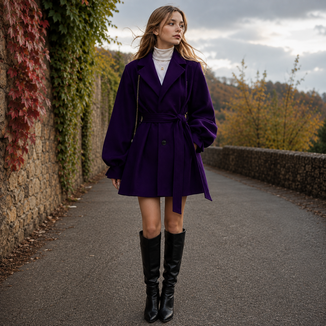 Cappotto donna corto viola con cintura annodata in vita e collo revers