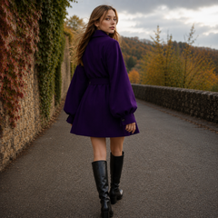 Retro del cappotto viola con cintura e linea corta svasata sull'orlo