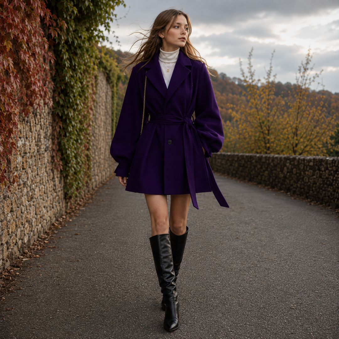 Cappotto corto viola con bottone frontale e cinturina lunga che scende
