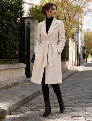 Cappotto lungo beige da donna con cintura annodata in vita e revers ampi