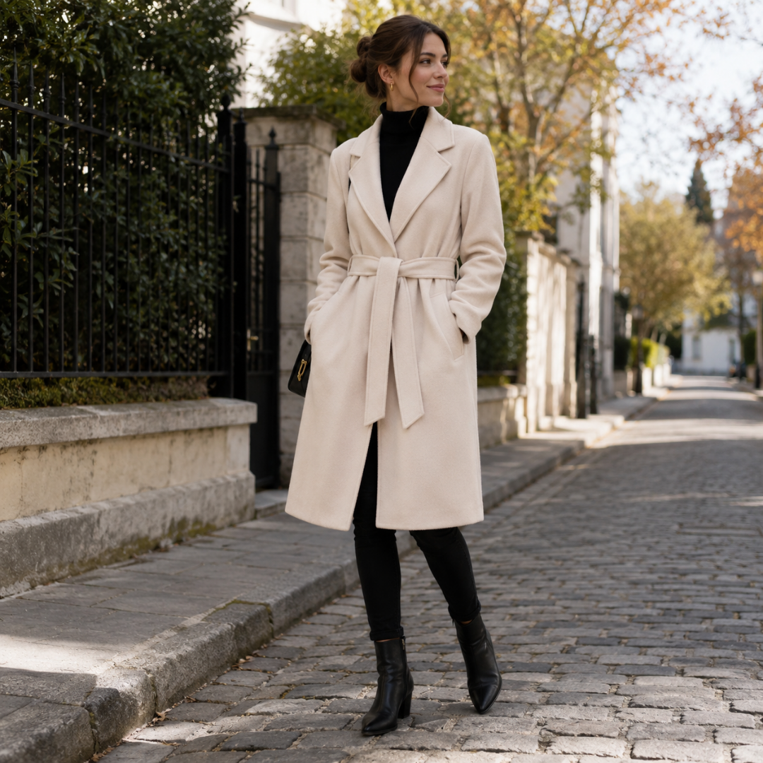 Cappotto lungo beige da donna con cintura annodata in vita e revers ampi