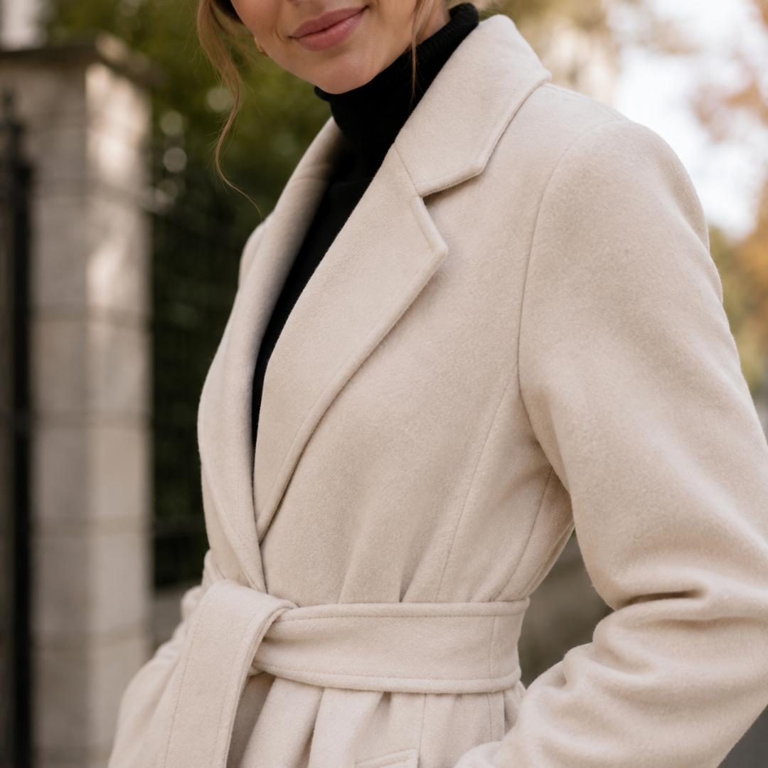 Cappotto beige donna visto di lato con revers a dentina e cintura in vita