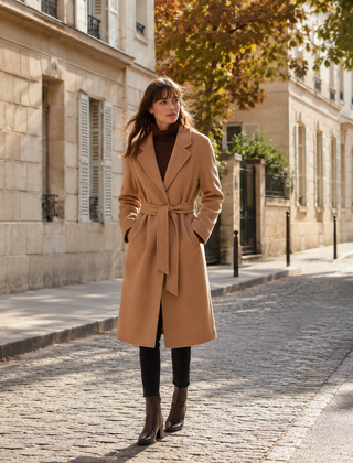 Cappotto lungo marrone chiaro da donna con cintura in vita e tasche laterali