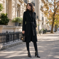 Cappotto lungo nero da donna con revers ampi e cintura annodata in vita