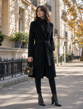 Cappotto lungo nero da donna con revers ampi e cintura annodata in vita