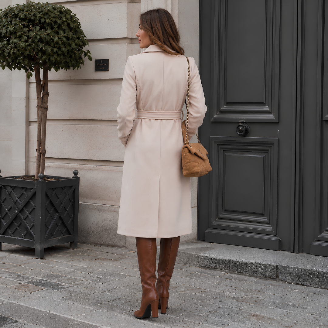 Retro del cappotto donna beige con cintura in vita e cucitura centrale