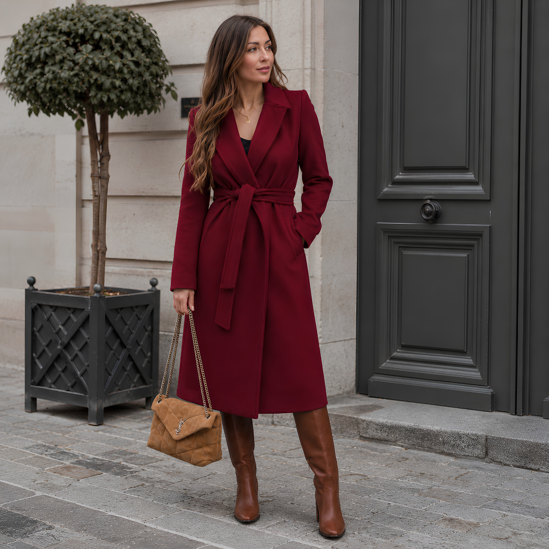 Cappotto donna rosso lungo con davanti incrociato e cintura annodata