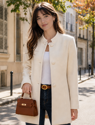 Cappotto donna beige corto con collo alla coreana e tre bottoni ricoperti